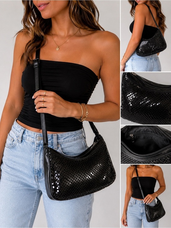 Bueno Handbags - Bueno Black Sequin Shoulder Bag | Y2K Metallic Mesh Purse | Evening Crossbody